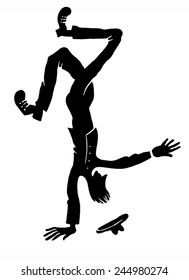 silhouette of a man standing on his hands upside down. black and white silhouette picture