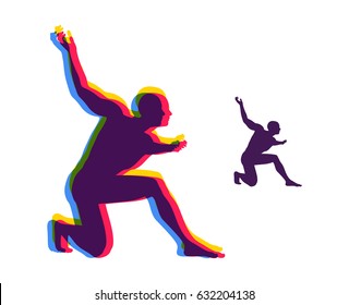 Silhouette of a man standing on his knees. Angry man figure. Vector illustration.