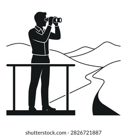 A silhouette of a man standing on an observation deck using binoculars to look at a distant mountain landscape. Concept of vision, strategy, and future planning.
