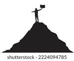 Silhouette of  man standing on the peak of mountain with hands up with flag on background, success, achievement and winning concept vector illustration