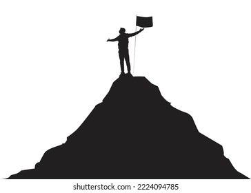 Silhouette of  man standing on the peak of mountain with hands up with flag on background, success, achievement and winning concept vector illustration