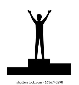 Silhouette of man standing on pedestal vector illustration. Championship winner celebrating victory, first place concept. Self-improvement, success achievement, personal growth design element.