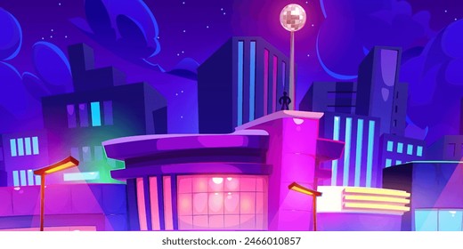 Silhouette of man standing on roof of skyscraper at night in city with neon glow. Cartoon vector illustration of super hero on building of illuminated town. Purple and pink brightened cityscape.