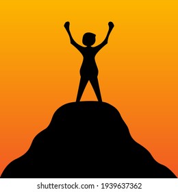 Silhouette of man standing on stone peak hill. Work hard and succeed concept. Vector illustration design.