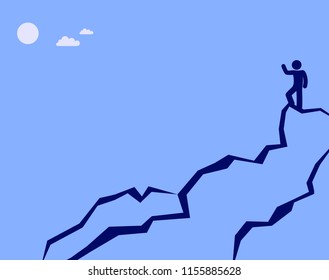 silhouette of a man standing on top of a mountain, waving his hand, blue background, stick figure, human, illustration conquering the top