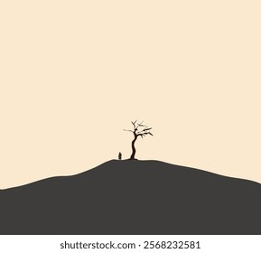 Silhouette man standing on top of mountain with lonely bare tree. Surreal haunting landscape.