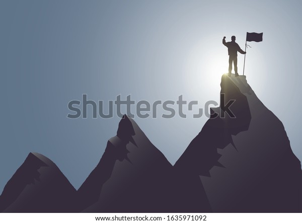 Silhouette Man Standing On Top Mountain Stock Vector (Royalty Free ...