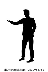 Silhouette of a man standing and pointing sideways with one hand, minimalist black graphic style on white background. Concept of direction or presentation. Vector illustration