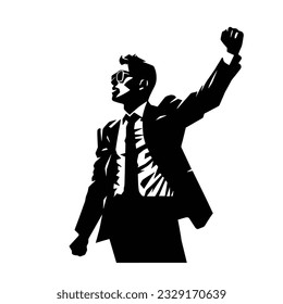 Silhouette man standing with raised hands up and rising up arrow. Business growth, leadership, success and achievement concept.  vector people character illustration.