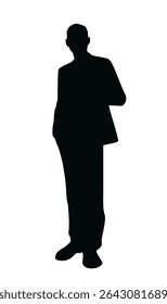 Silhouette of a man standing with relaxed posture, hands in pockets, on a white background. Concept of mystery, anonymity, and human form. Vector illustration