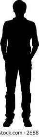 Silhouette eines Mannes, der gerade mit Händen in Taschen steht, einzeln auf weißem Hintergrund. Männliche Ganzkörper-Umriss, lässige Person Pose, einfache menschliche Figur und Vektorkunst-Design-Konzept Illustration