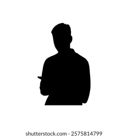 Silhouette of a man standing and texting on a cell phone, isolated on a white background.