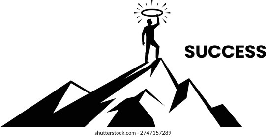 Silhouette of a man standing triumphantly on the highest peak of a mountain range, holding a glowing halo above his head. This powerful image symbolizes reaching the pinnacle of success, achieving ultimate goals, and recognition for hard-earned efforts.