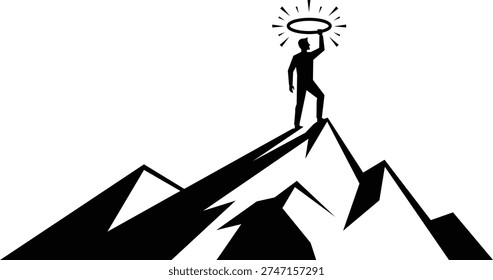 Silhouette of a man standing triumphantly on the highest peak of a mountain range, holding a glowing halo above his head. This powerful image symbolizes reaching the pinnacle of success, achieving ultimate goals, and recognition for hard-earned efforts.