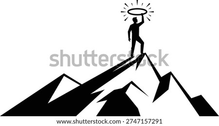 Silhouette of a man standing triumphantly on the highest peak of a mountain range, holding a glowing halo above his head. This powerful image symbolizes reaching the pinnacle of success, achieving ultimate goals, and recognition for hard-earned efforts.