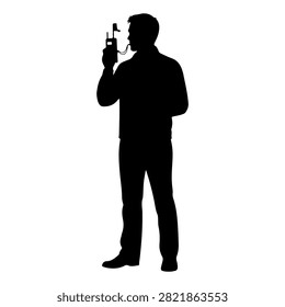 Silhouette of a man standing upright, holding a smartphone to his ear, with a plain white background, emphasizing communication and technology.