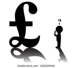 A silhouette man staring confused at a pound sign isolated on a white background