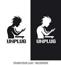 Silhouette of a man staring at his phone. Motivational poster with word unplug. Monochrome stencil vintage vector illustration.