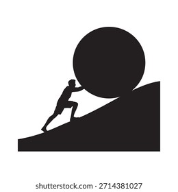 Uma silhueta de um homem lutando para empurrar uma grande esfera para cima
