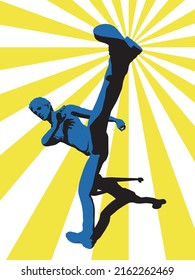 Silhouette of a man in a suit doing a high kick Vector illustration