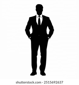 Silhouette of a man in a suit with his hands in his pockets, standing tall.