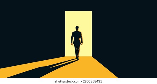 Silhouette of a man in a suit walking through a brightly lit open doorway casting a long shadow