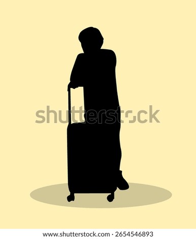 SIlhouette of man and suitcase concept design. Icon waiting for departure while leaning his hand on his suitcase. Vector illustration.