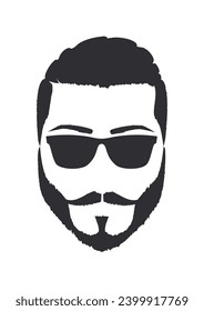 Silhouette of a man with sunglasses, mustache and short beard. Hand Drawn Vector Illustration. Design element isolated white background
