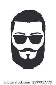 Silhouette of a man with sunglasses, mustache and verdi beard. Hand Drawn Vector Illustration. Design element isolated white background

