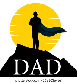 Silhouette of man super hero father on rock and sun background for Father's Day