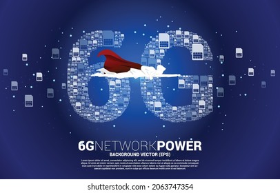 Silhouette of man in superhero suit with 6G from mobile sim card  networking. Concept for power of mobile telecommunication global network.