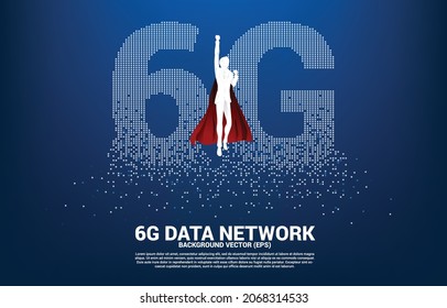 Silhouette of man in superhero suit flying with 6G mobile networking from small square pixel. Concept for mobile sim card technology and network.