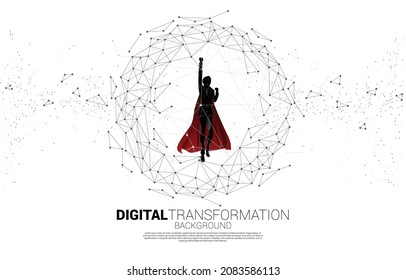 Silhouette Of Man In Superhero Suit Flying With Polygon Dot Connect Line Shaped Sphere . Concept For Business Digital Transformation