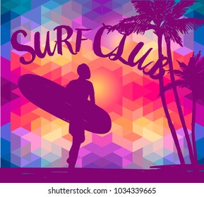 Silhouette of the man with a surfboard on geometrical background and tropical sunset, banner for surf club, funky colors, vector illustration