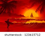 Silhouette of the man with a surfboard at sunset