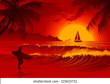 Silhouette of the man with a surfboard at sunset