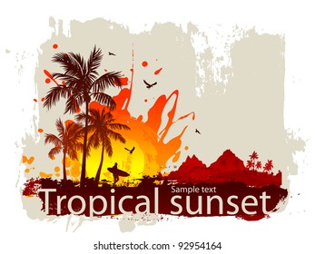Silhouette of the man with a surfboard at sunset
