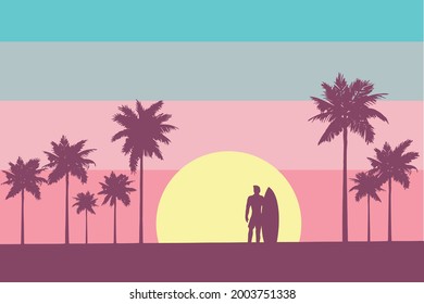 silhouette of man with surfboard at sunset on tropical beach