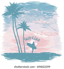 Silhouette of the man with a surfboard at tropical sunrise or tender sunset, promo banner for surf club, sketch style vector illustration