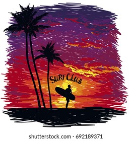 Silhouette of the man with a surfboard at tropical sunset, banner for surf club, sketch style vector illustration