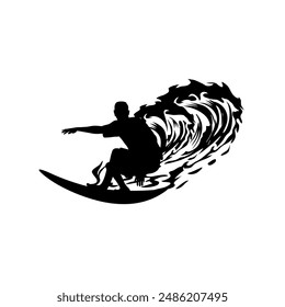 silhouette of man surfing chased by big waves vector