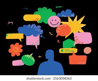 The silhouette of a man surrounded by colorful speech bubbles is a symbol of creativity and positive thinking.