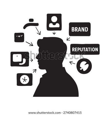 Silhouette of a man surrounded by various social media icons and brand reputation symbols illustrating the concept of online presence and digital identity in a simple black and white graphic.