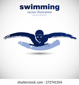 Silhouette of man swimmer butterfly stroke. In the style of painting, ink and brush on paper texture. Designed for sporting events, competitions, tournaments, vector illustrations.