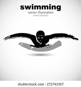 Silhouette of man swimmer butterfly stroke. In the style of painting, ink and brush on paper texture. Designed for sporting events, competitions, tournaments, vector illustrations.