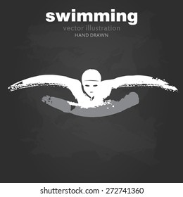 Silhouette of man swimmer butterfly stroke. In the style of painting, ink and brush on paper texture. Designed for sporting events, competitions, tournaments, vector illustrations.