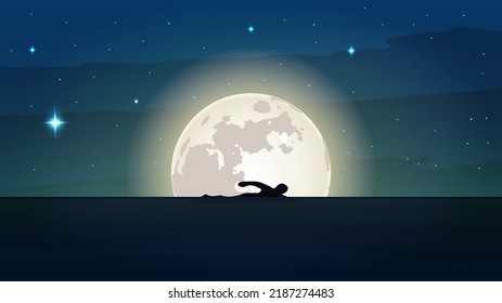 Silhouette man swimming in full moon background. Vector illustration