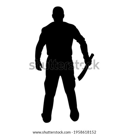 Silhouette man with sword machete cold weapons in hand military man soldier serviceman in various positions hunter with knife fight poses strong defender warrior concept weaponry standing view from 