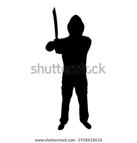 Silhouette man with sword machete cold weapons in hand military man soldier serviceman in various positions hunter with knife fight poses strong defender warrior concept weaponry standing black color 