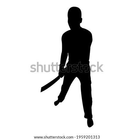 Silhouette of man with sword machete cold weapon in hand. military soldier man. serviceman or hunter with knife in fight pose. strong standing warrior defender weaponry concept, black color 
